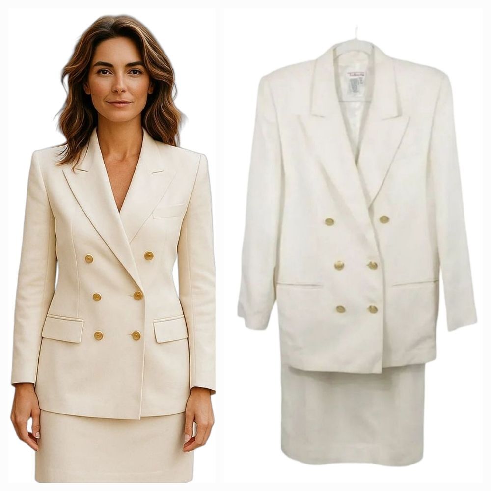 Vintage 90s Talbots 2 PC Linen Blend Double-breasted Blazer Jacket Skirt Suit 12